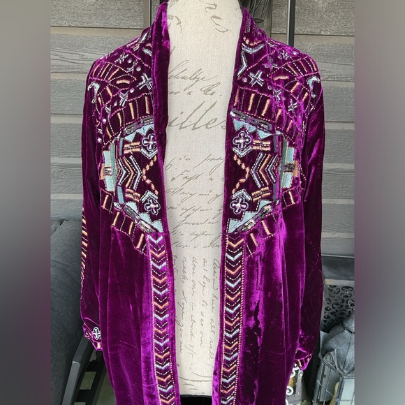 Crazy Train Purple Velvet Beaded Embroidered Western Duster Kimono Jacket S - Picture 5 of 16